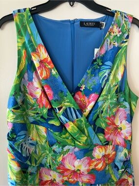 Lauren Ralph Lauren Blue Tropical Floral Midi Dress with Pink & Green Accents